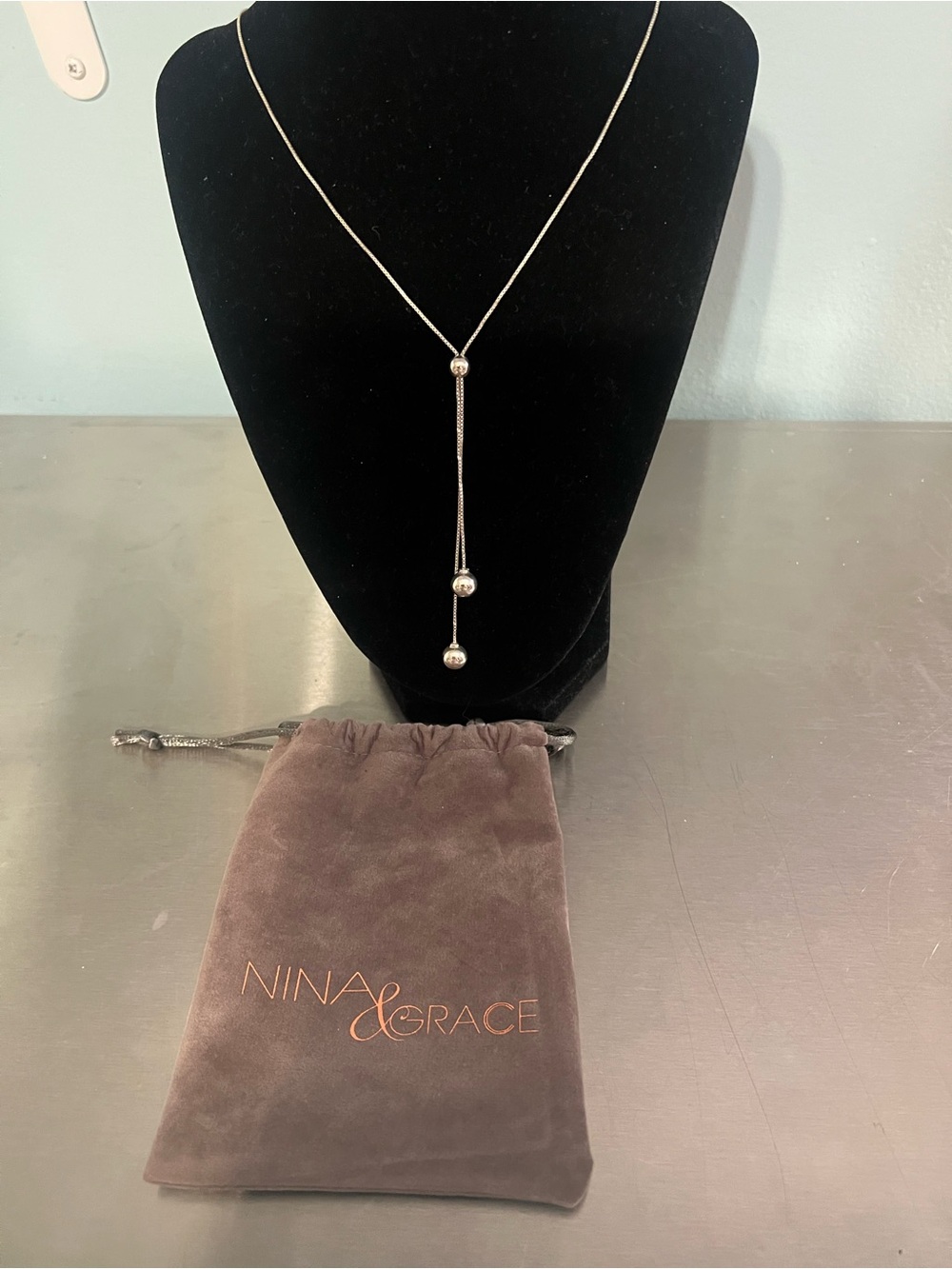 Nina & Grace Sterling Silver Lariat Necklace with Bead Drops